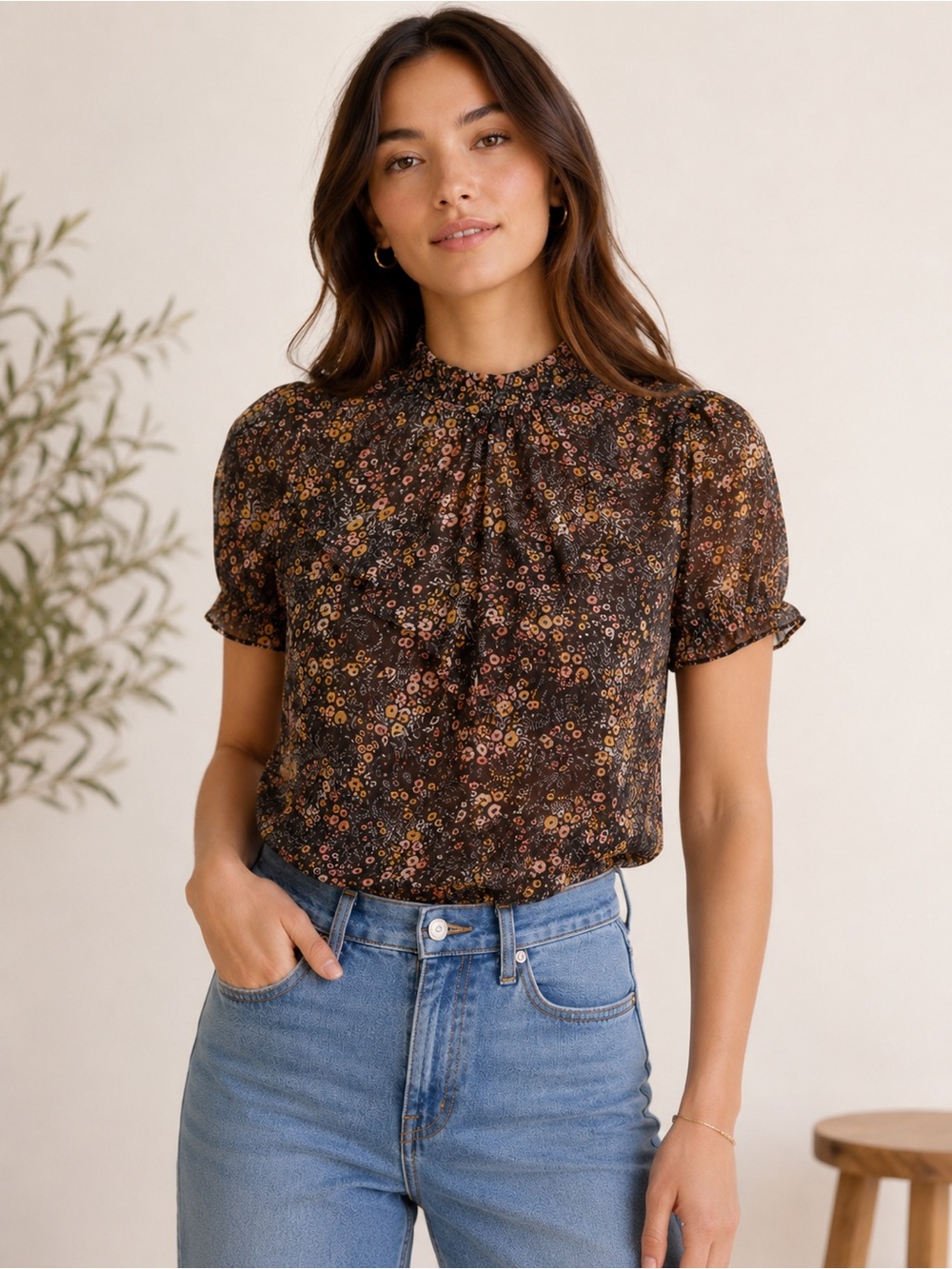 DR2 Brown Micro Floral High Neck Blouse Semi Sheer mesh Ruffle Sleeve Top Large
